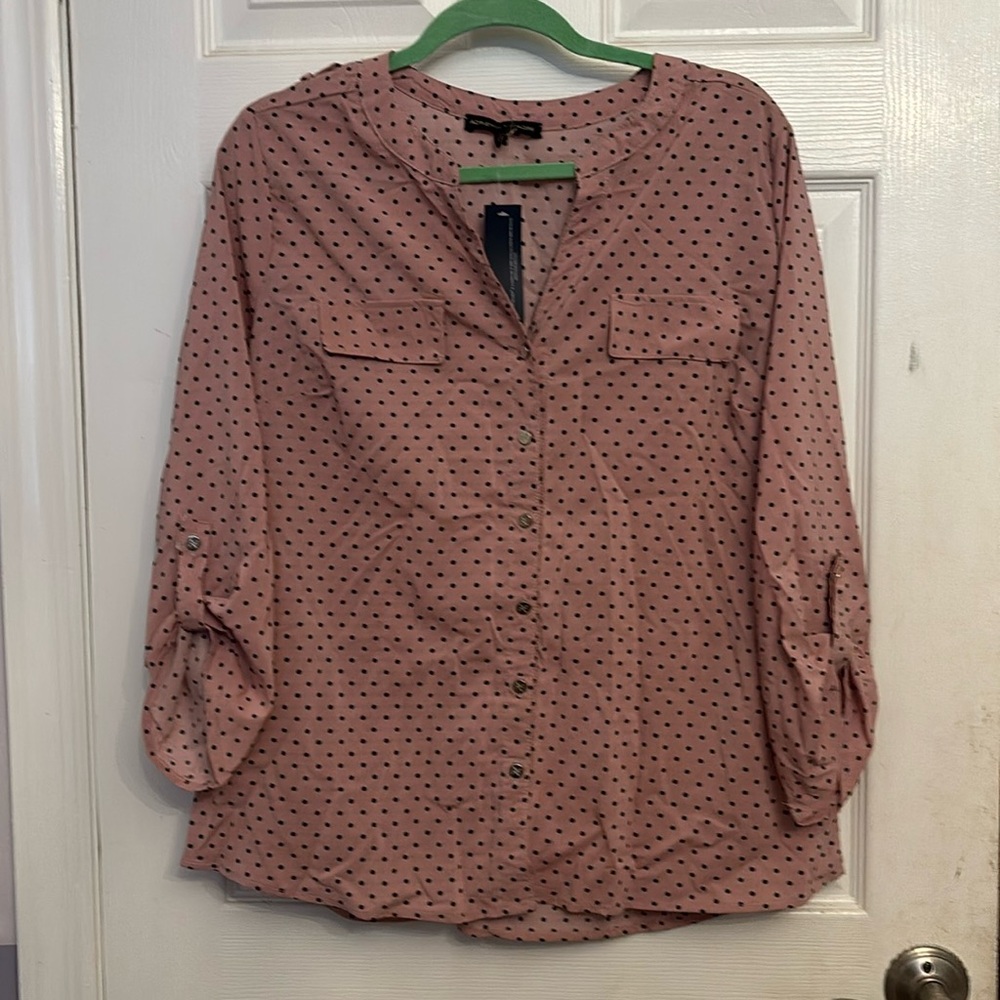 pink with black dots, button up, blouse. New with tags. Size XL.